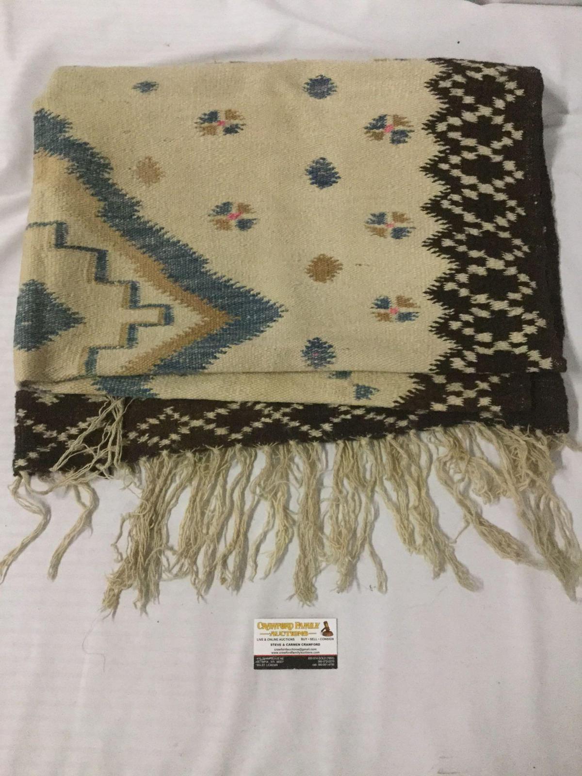 Vintage hand made wool blanket w/ blue & brown geometric designs - good cond