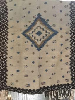 Vintage hand made wool blanket w/ blue & brown geometric designs - good cond