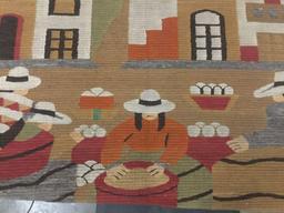 Vintage hand-made village scene gathering motif tapestry or thick blanket