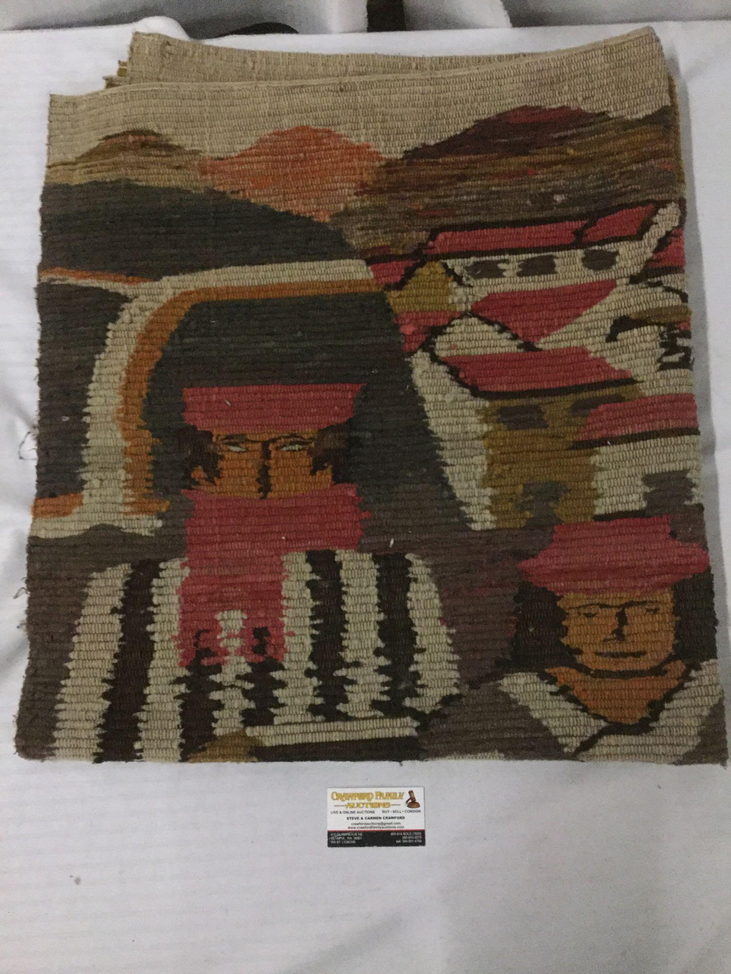 Vintage handmade brown and red wool tapestry or thick blanket depicting mountain life - as is