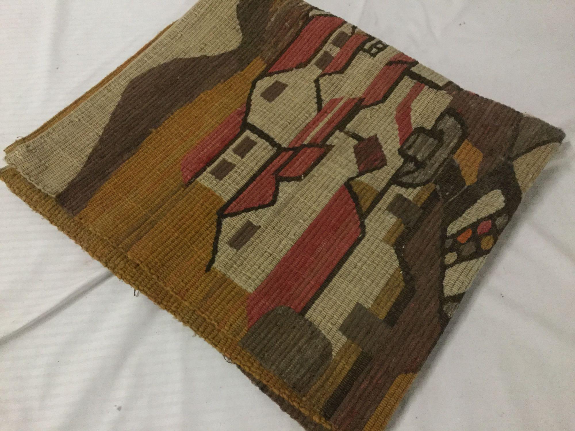 Vintage handmade brown and red wool tapestry or thick blanket depicting mountain life - as is