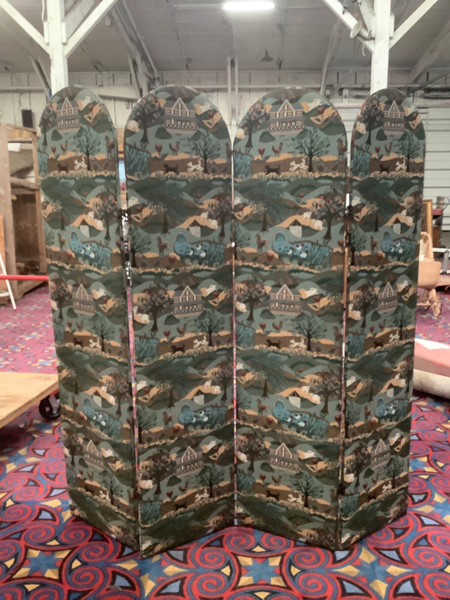 4 panel upholstered room divider screen with farmhouse and animal design