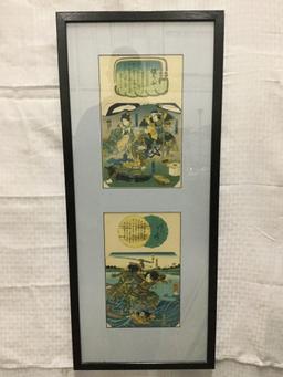 2 Traditional Japanese Samurai scene prints with writing - circa 1940's in frame