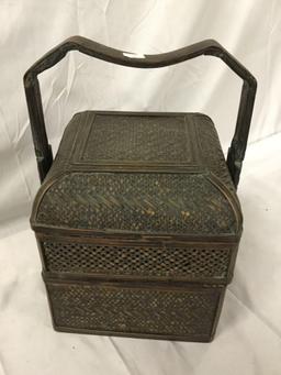 Lot of 2 antique Asian food containers; woven rice basket and bento box