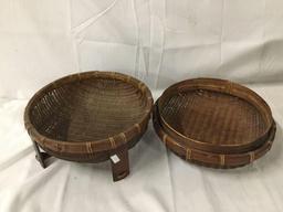 Lot of 2 antique Asian food containers; woven rice basket and bento box