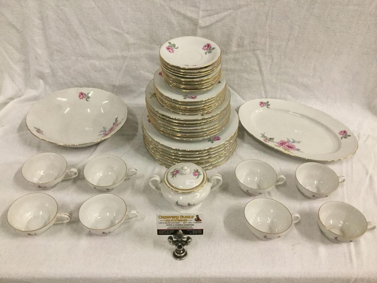 43 pc mid century Czechoslovakia gold rimmed bohemia china set for 8 with pink floral pattern