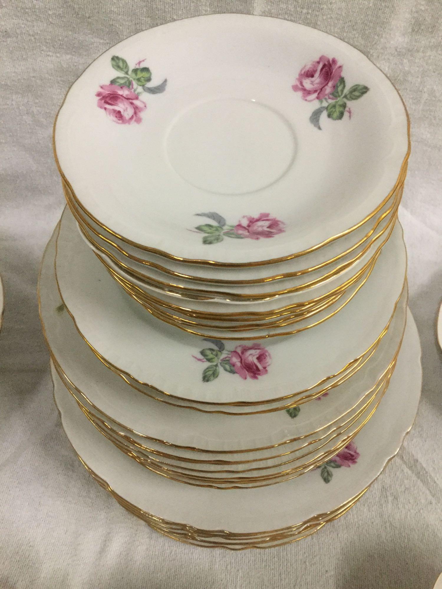 43 pc mid century Czechoslovakia gold rimmed bohemia china set for 8 with pink floral pattern