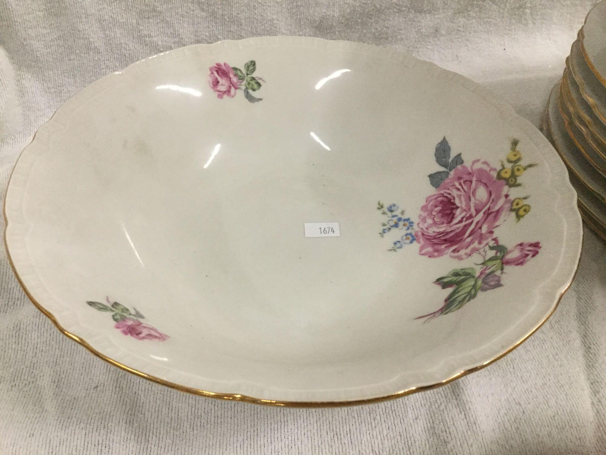 43 pc mid century Czechoslovakia gold rimmed bohemia china set for 8 with pink floral pattern