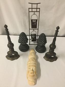 6 pieces home decor; pine cone book ends, tea candle hanging stand, Thai bust wall art, India