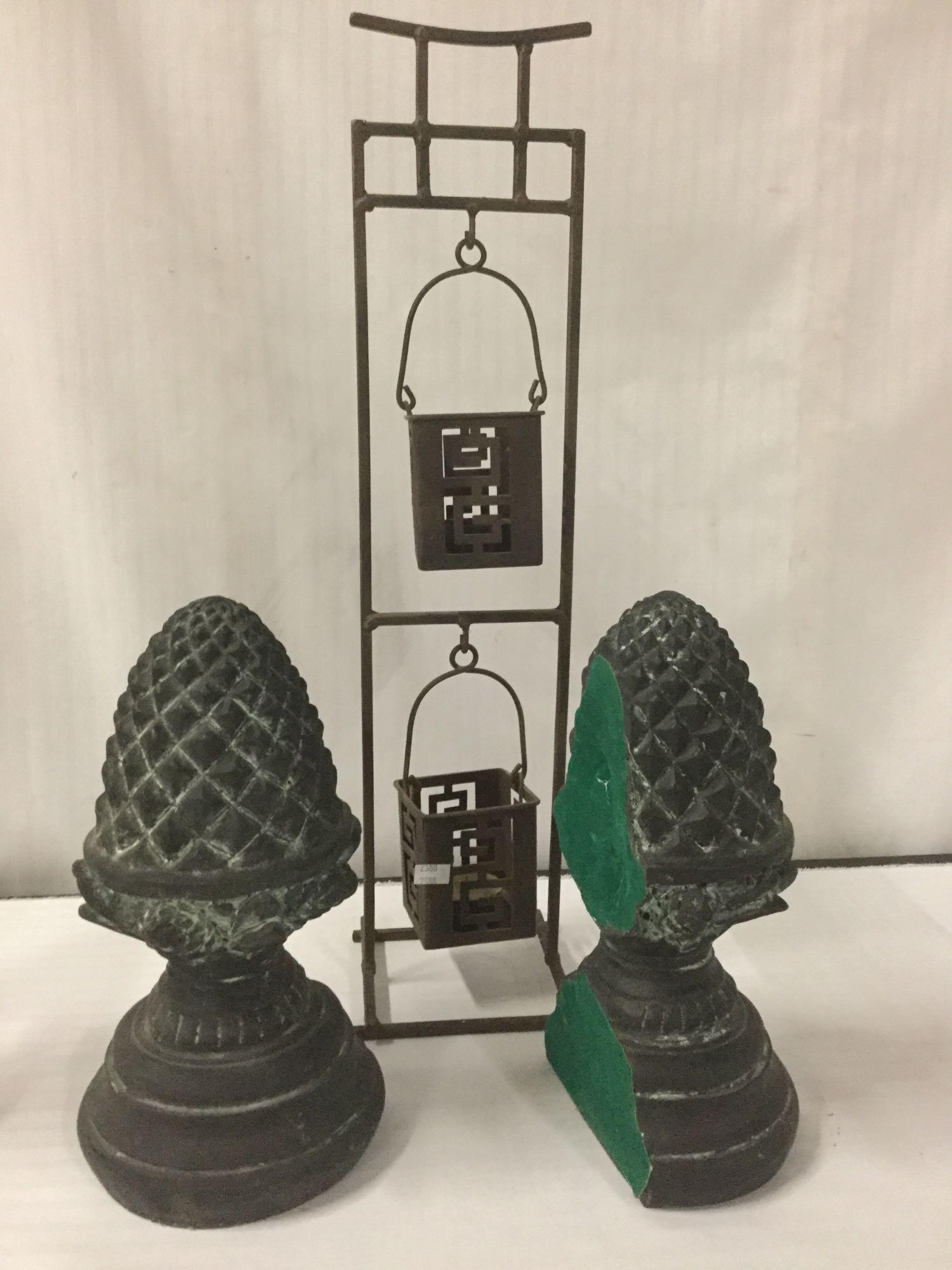 6 pieces home decor; pine cone book ends, tea candle hanging stand, Thai bust wall art, India