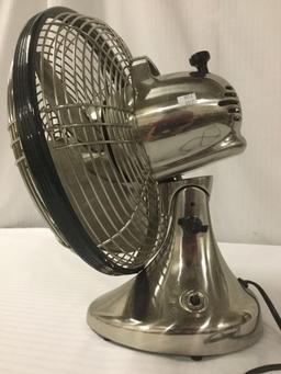 Vonnado chrome fan, tested and working but has disconnected from base at neck, approx 15x17x10