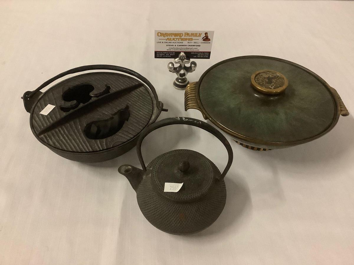 Lot of 3; cast iron bowl with lid, tea pot, rice bowl with lid, approx 9x8x4 inches.