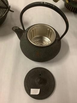 Lot of 3; cast iron bowl with lid, tea pot, rice bowl with lid, approx 9x8x4 inches.