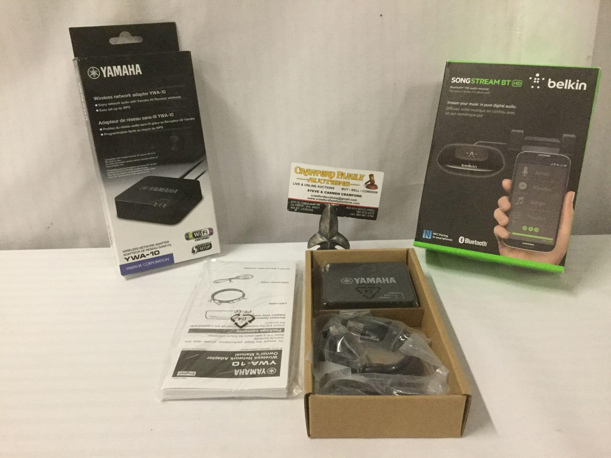 Yamaha wireless network adapter YWA-10 No. 21Z477913WY and a Belkin SongStream BT HD Bluetooth audio