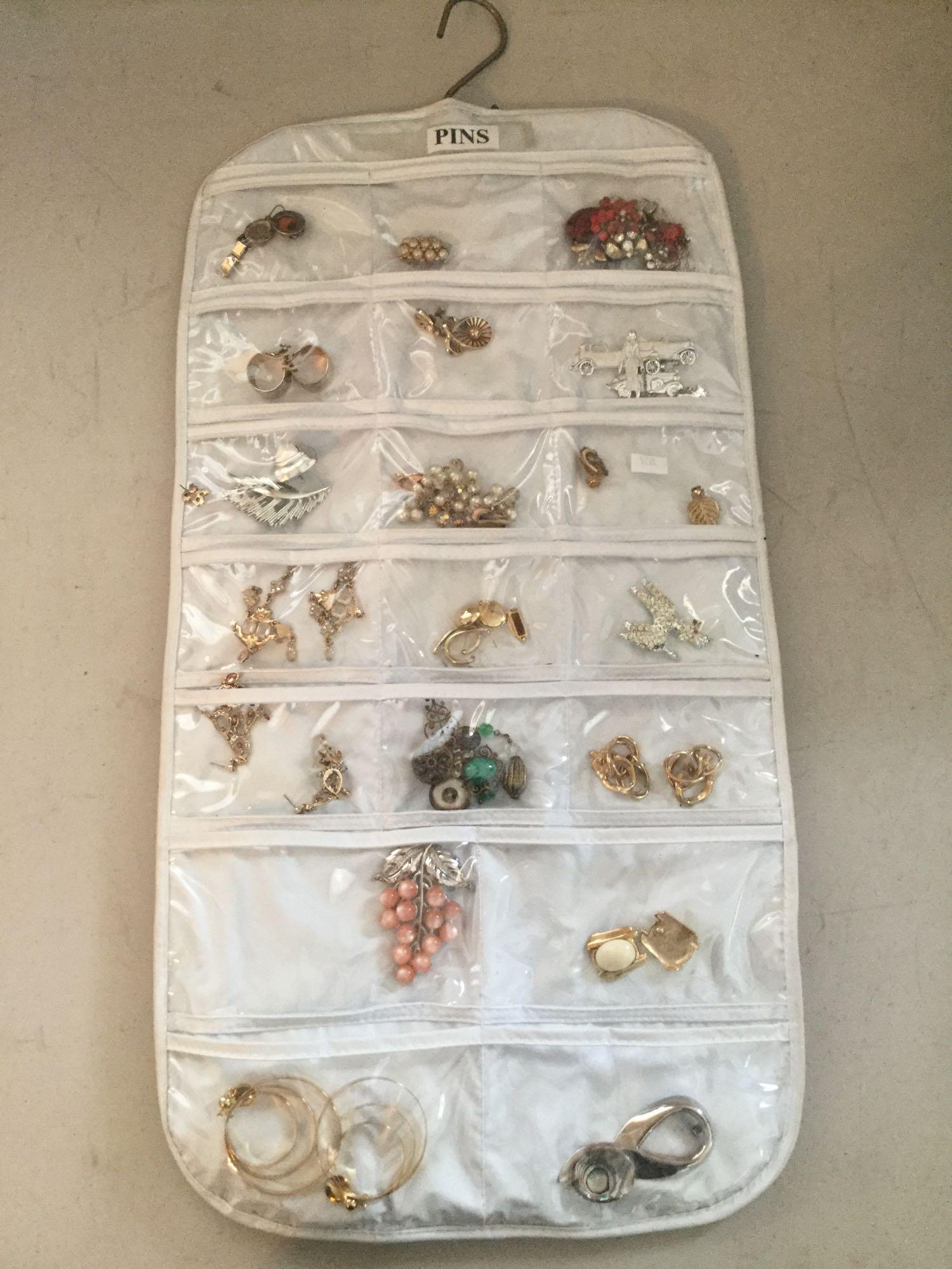 2 sided hanging jewelry holder filled with estate jewelry, see pics