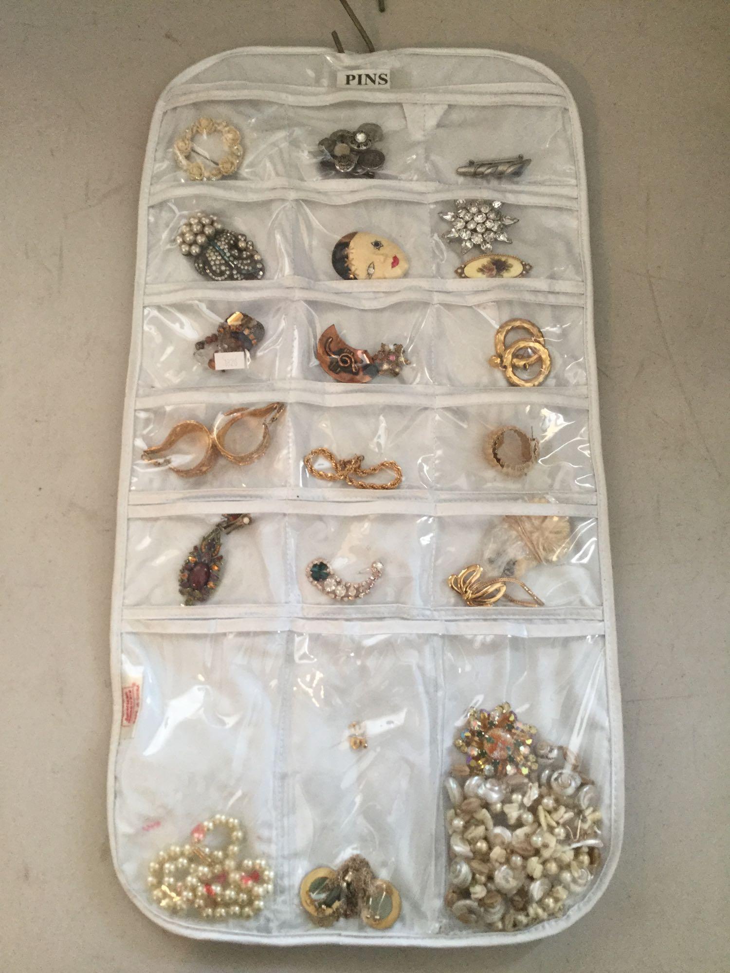 2 sided hanging jewelry holder filled with estate jewelry, see pics