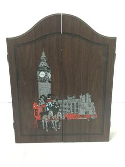 Brand New Half Sized Dartboard with Darts and Wall Hanging Case, Painted London. 18 x 14 inches