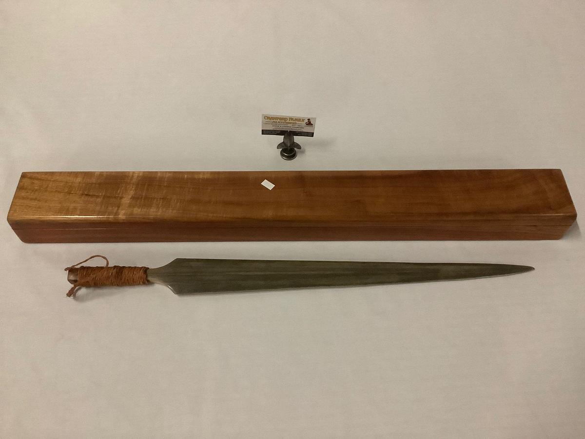 Hawaiian broadbill sword with woven wrapped handle and koa wood box