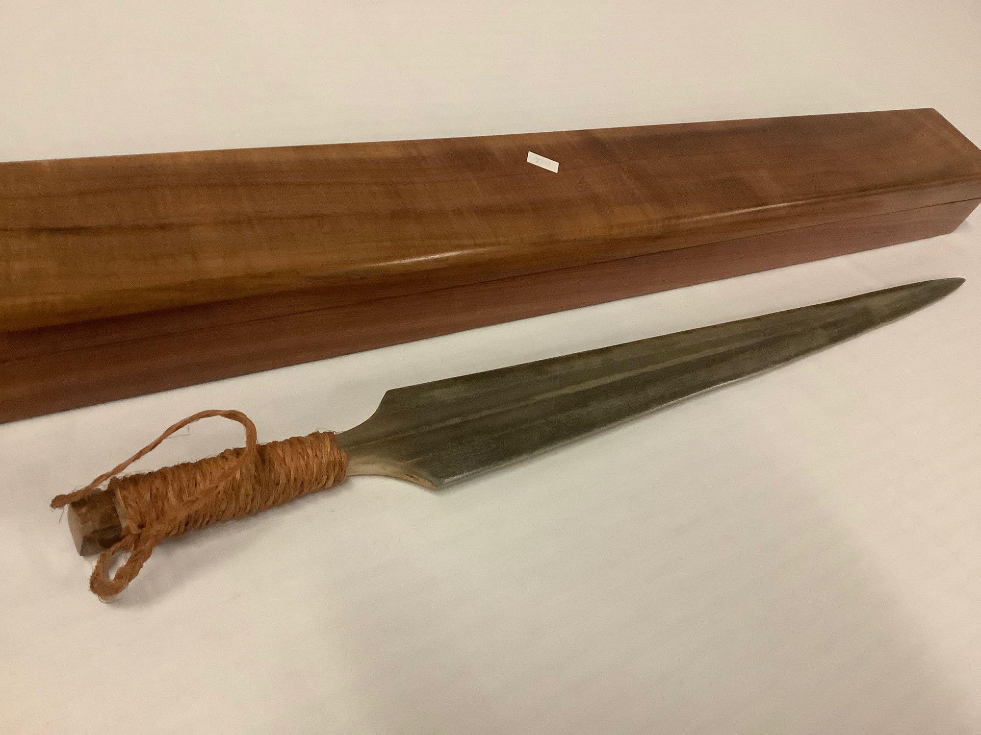 Hawaiian broadbill sword with woven wrapped handle and koa wood box