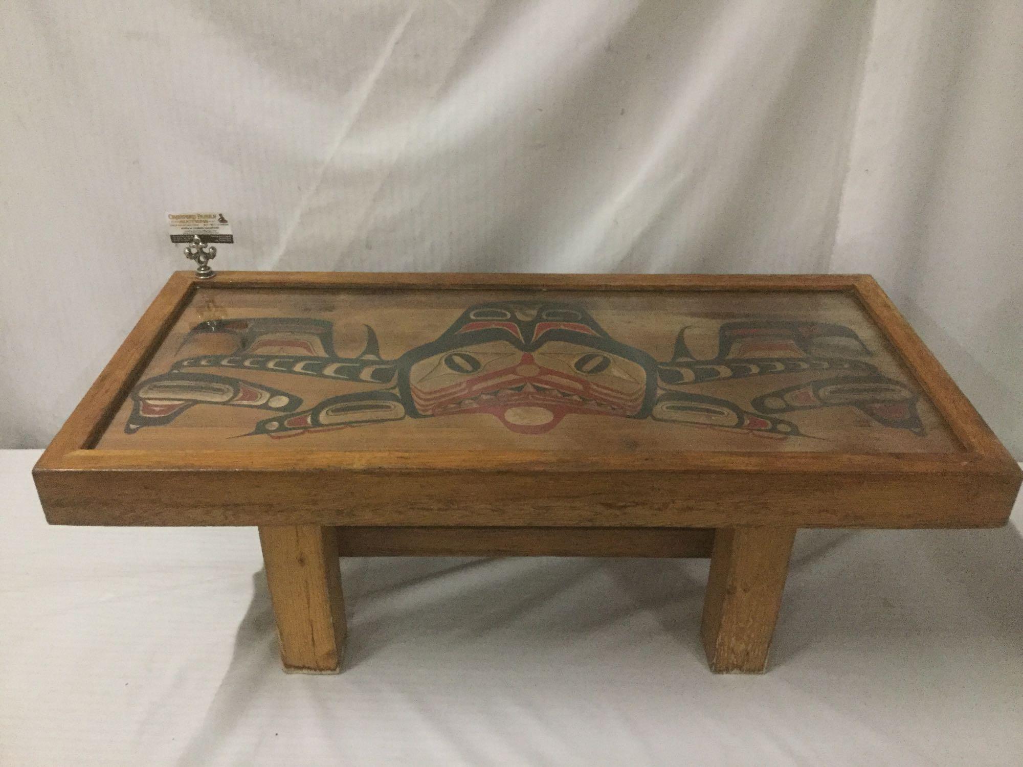 Rustic Native American PNW coffee table with painted animal relief top