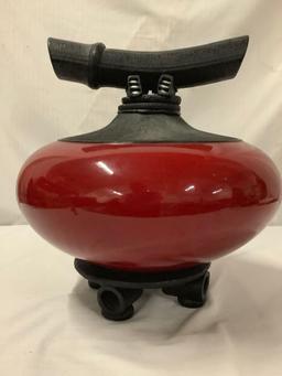 Handmade Raku pottery wishing pot with red glaze - signed by artist Lovein (08) - has stand