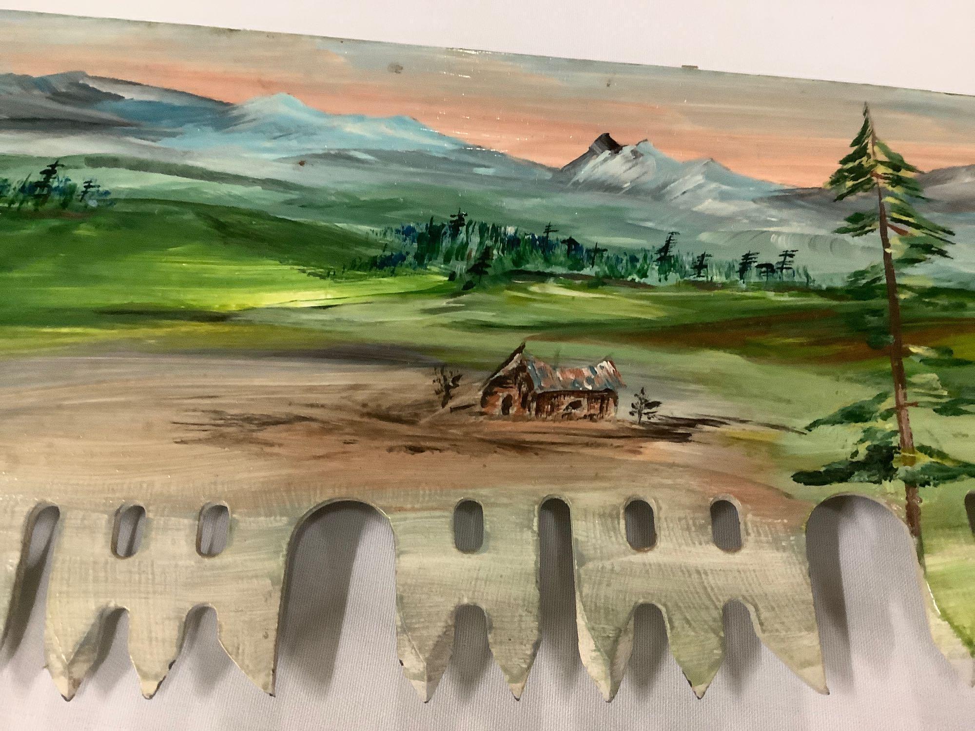 Vintage hand painted two-man saw w/ frontier scene - signed by unknown PNW artist