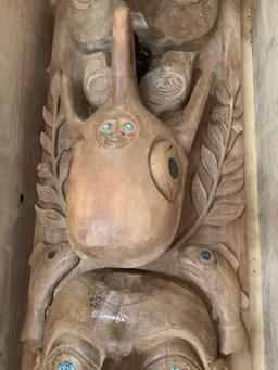 Huge 12ft Native American totem pole w/ abalone inlay, hair and copper earrings by Israel Shotridge