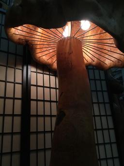 Gorgeous "mushroom" burled birds eye maple wood floor lamp - carved from one piece!