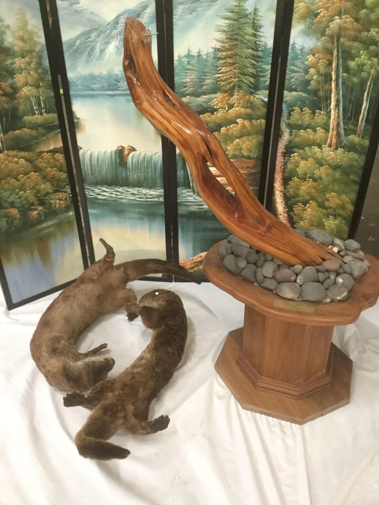 "Courtship" hand made salvaged wood and fresh water otter taxidermy display - as is