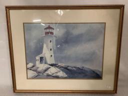 Framed lighthouse print, artist unknown, approx 21.5x18 inches.