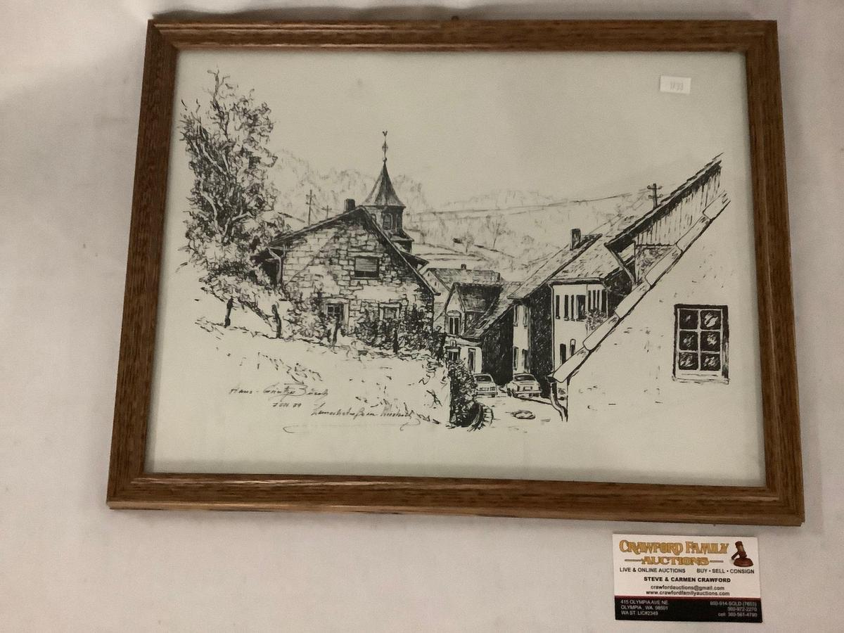 Framed ink drawing of German (?) neighborhood signed by artist Busch (?), approx 17x13 inches