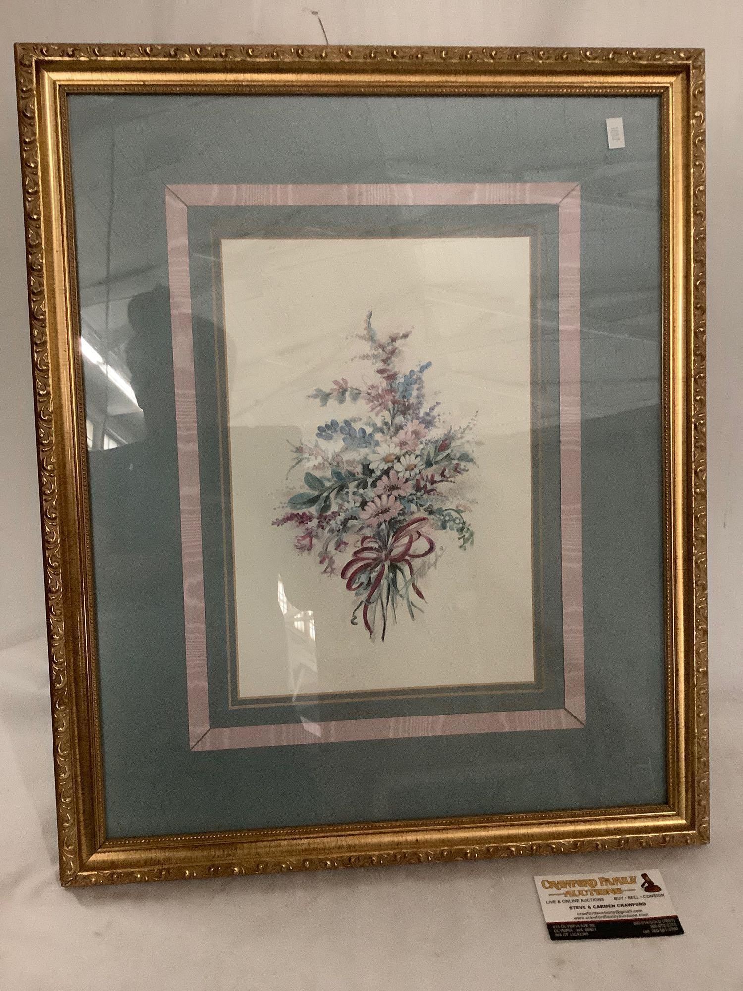 Framed flower artwork signed by unknown artist, approximately 18 x 23 inches