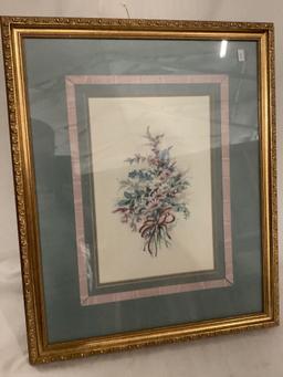 Framed flower artwork signed by unknown artist, approximately 18 x 23 inches