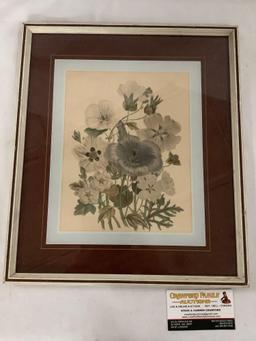 Vintage framed flower print artwork approximately 13 x 15 inches