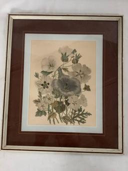 Vintage framed flower print artwork approximately 13 x 15 inches