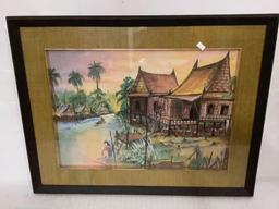 Framed original watercolor painting of huts/village, signed by unknown artist