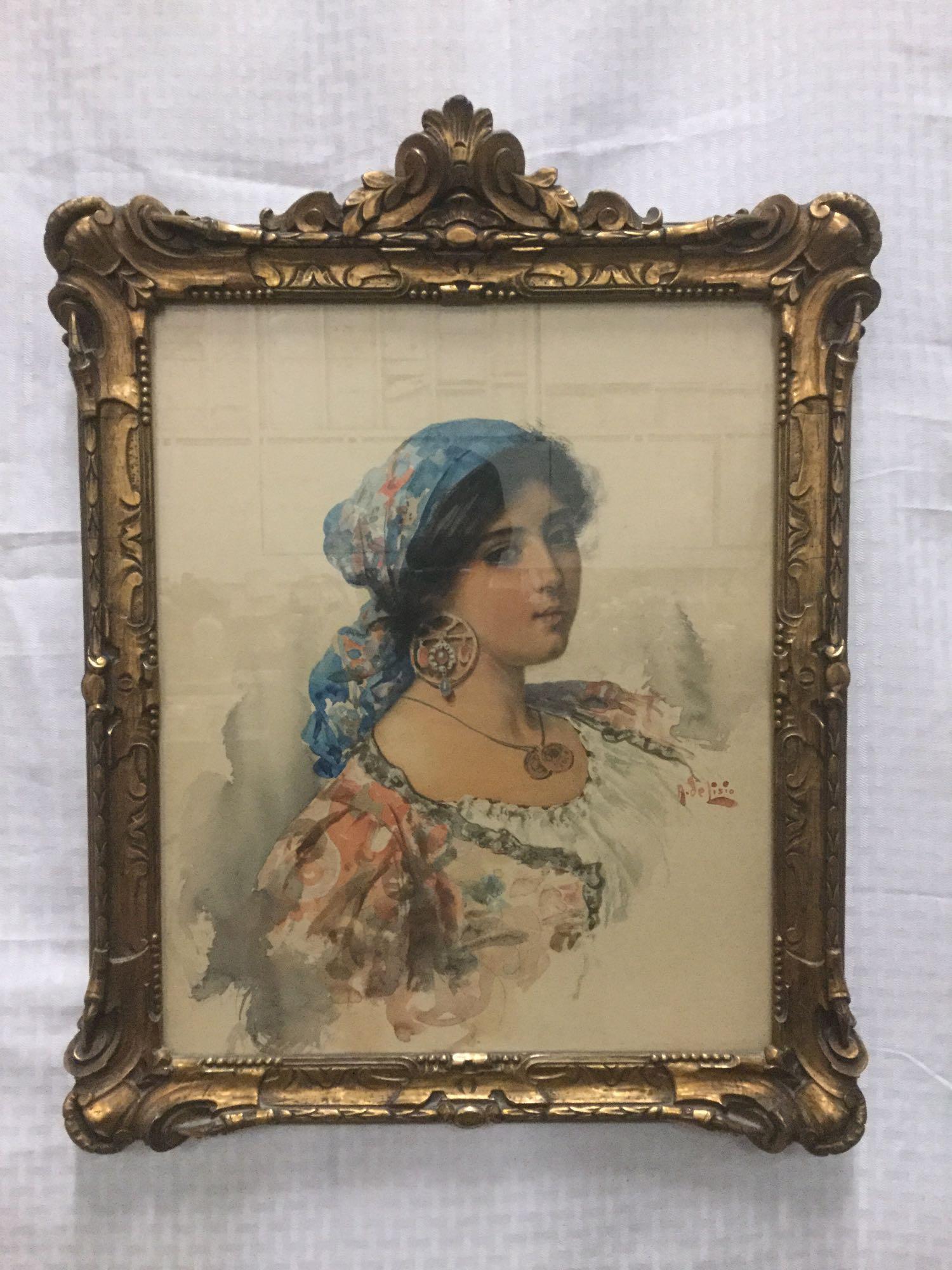 Watercolor Portrait of an Italian Beauty by artist Arnaldo de Lisio in gilt frame