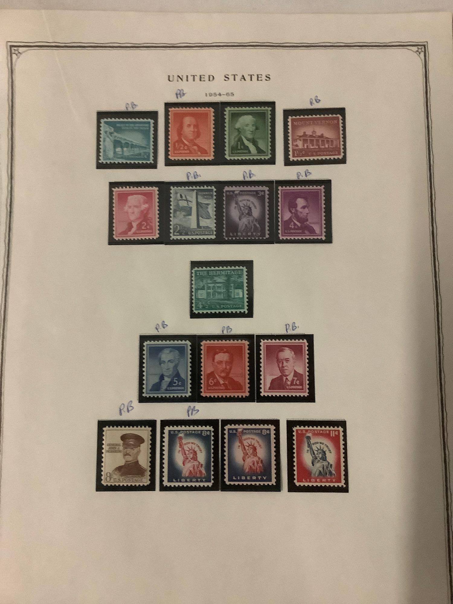 Four pages of early, regular, and commemorative US stamps all in mint condition.