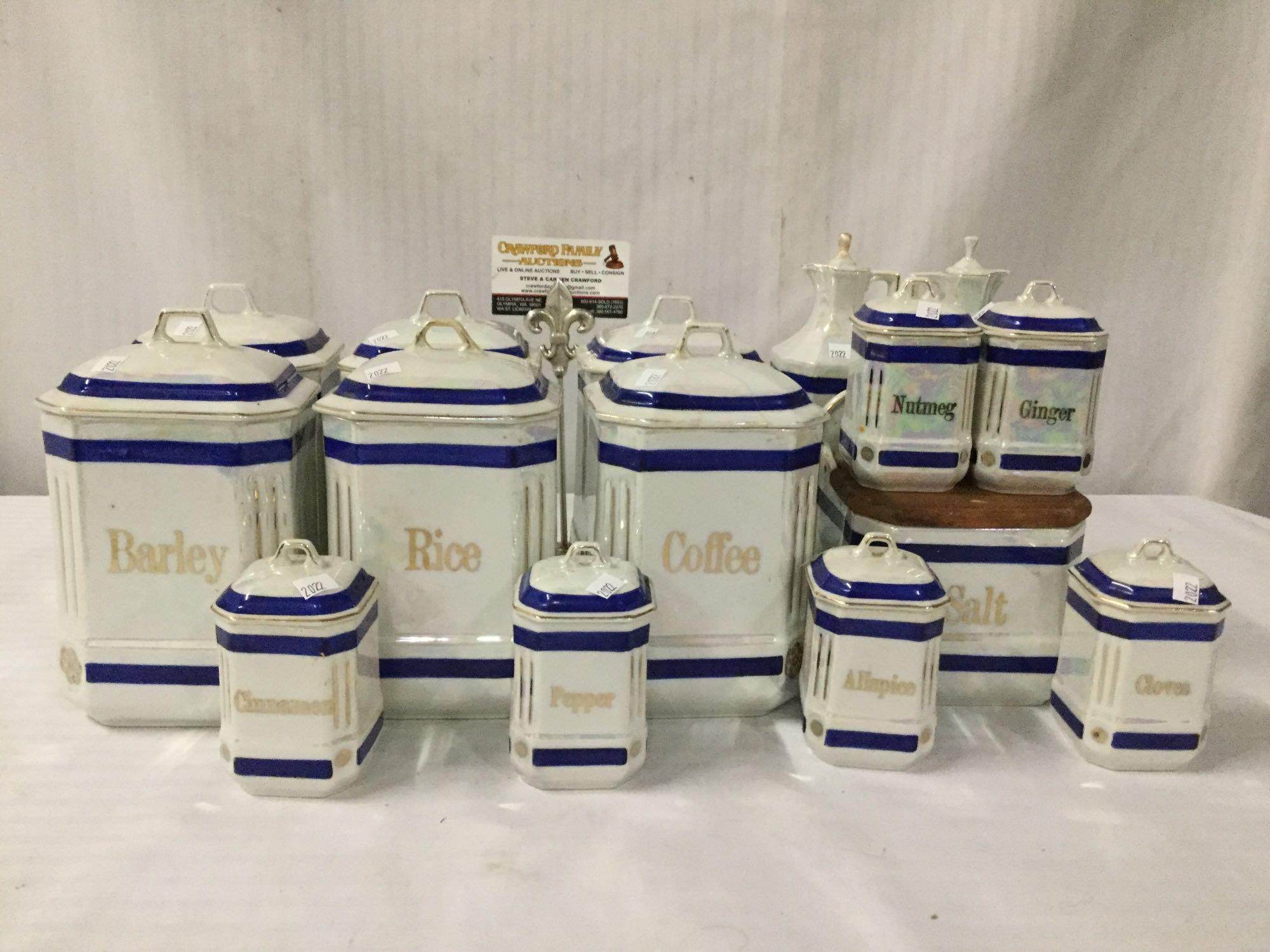 15 pieces of Epiag D.F. Czechoslovakian lusterware china. Spices and dry good jars