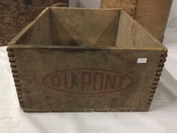 Collection of 3 vintage wooden boxes, including DuPont Hi-Velocity Gelatin Explosives crate