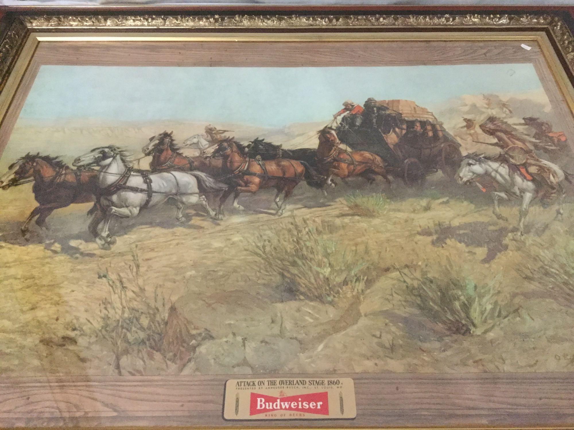 Vintage framed Budweiser advertisement print of Attack on the Overland Stage 1860