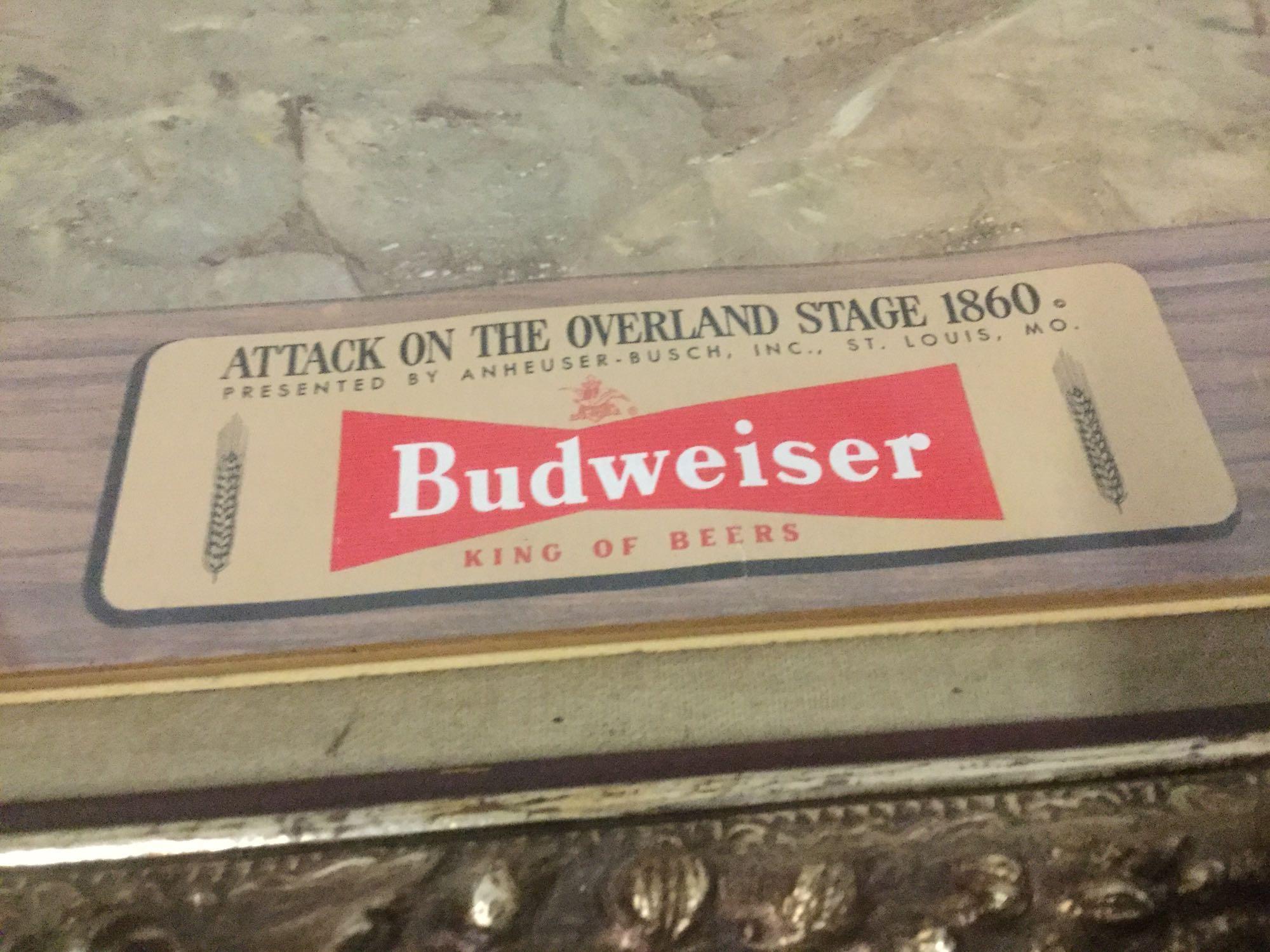 Vintage framed Budweiser advertisement print of Attack on the Overland Stage 1860