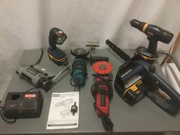 Six tools and one charging station, incl Ryobi,Milwaukee, Makita See description