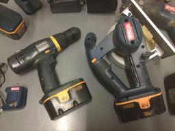 Seven Ryobi tools with six batteries and three charging stations, see decription