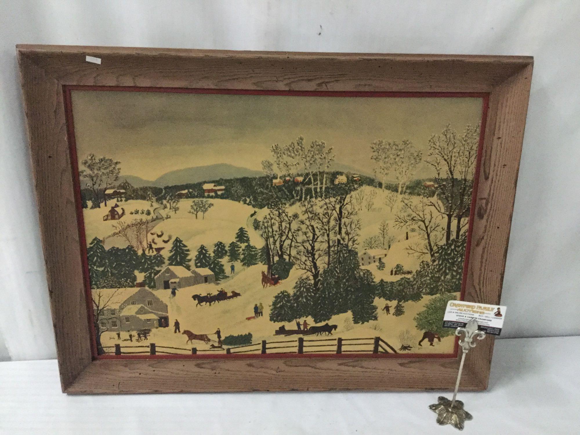 Festive holiday framed print of Out for the Christmas Trees by Grandma Moses.