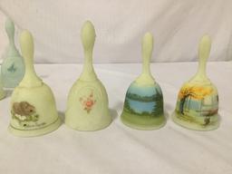 11 Vintage satin Fenton Bells, 9 of which are Vasel glass / 9 HD painted and signed