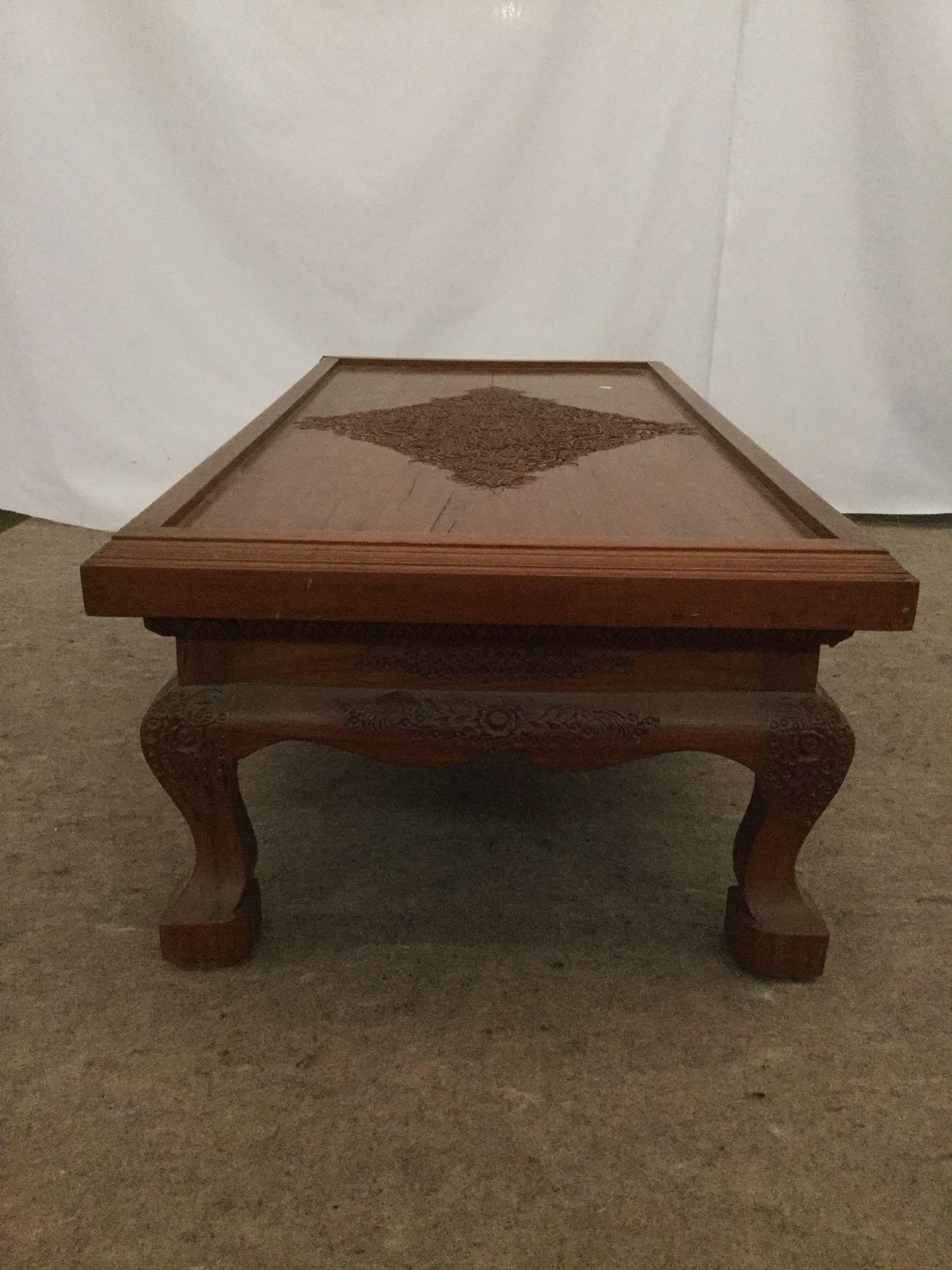 Vintage 40's restored oak coffee table with floral engravings/detail - mild wear for age