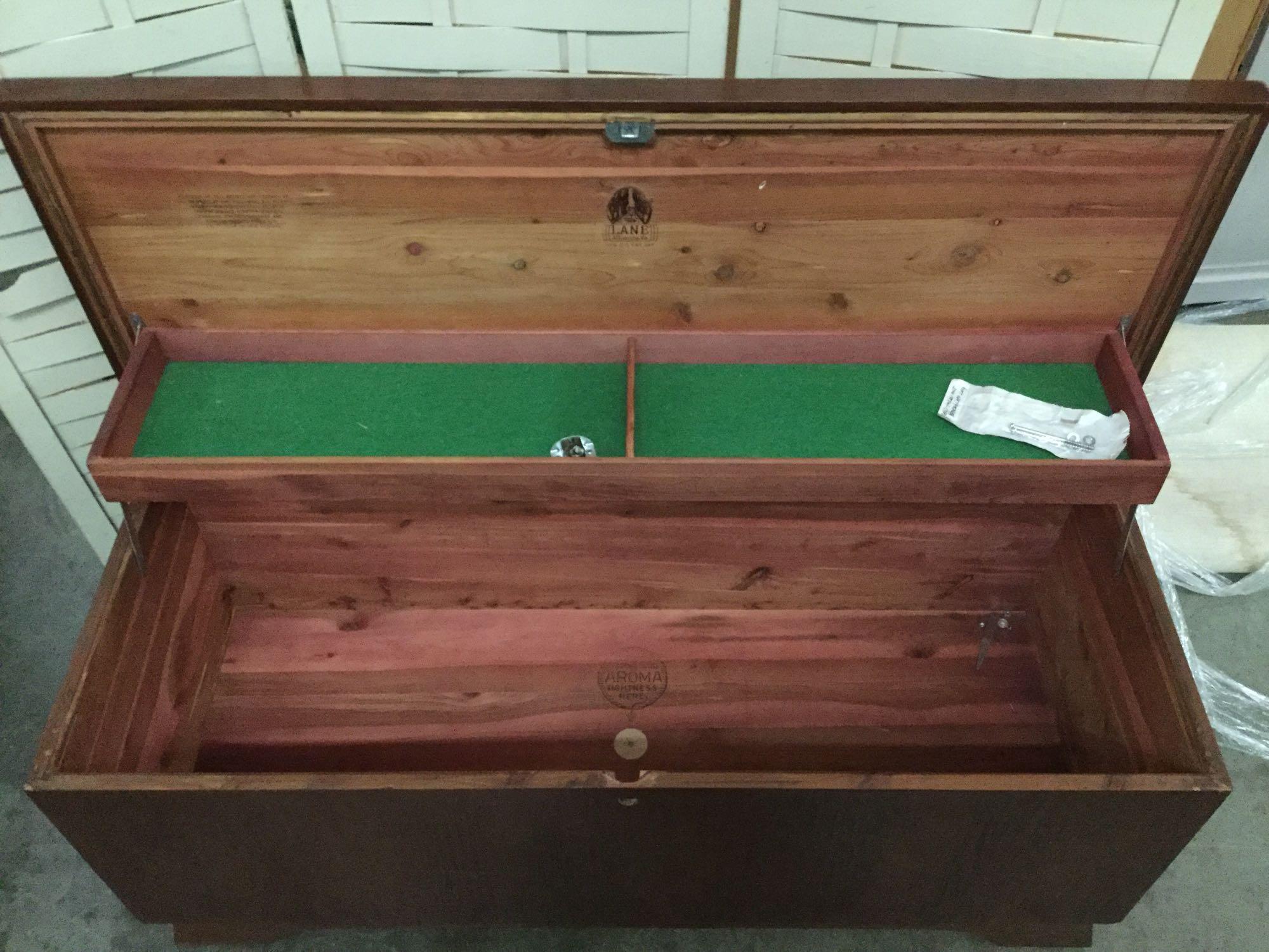 Lane cedar chest. Lock has been removed but is included. Measures approx 47x20x18 inches.