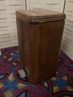 Vintage wooden trash can with step activated lid, approx 13 x 12 x 24 inches.