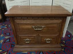 Vintage wood 2 drawer nightstand, approx 29 x 15 x 24 inches.